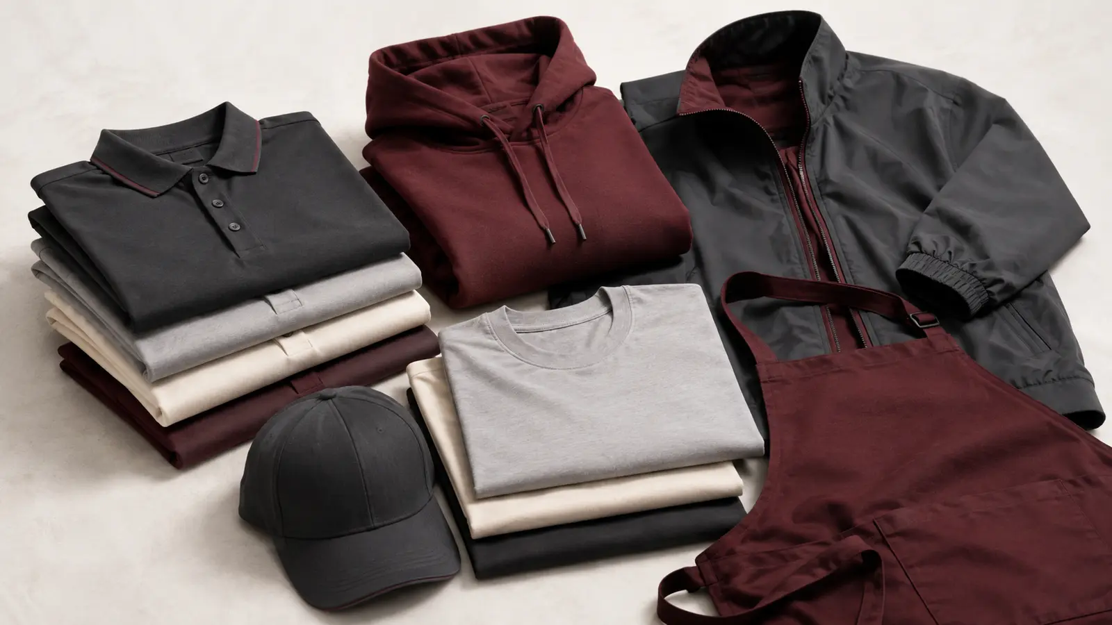 Premium plain corporate apparel including polo shirts, T-shirts, hoodie, cap, apron and jacket