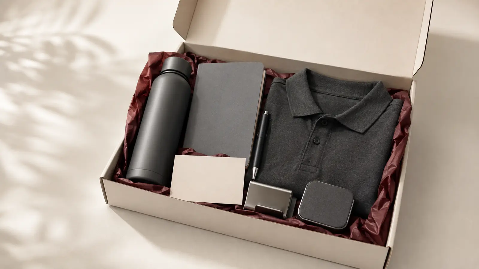 Employee welcome kit with presentation box, drinkware, stationery, apparel and accessories