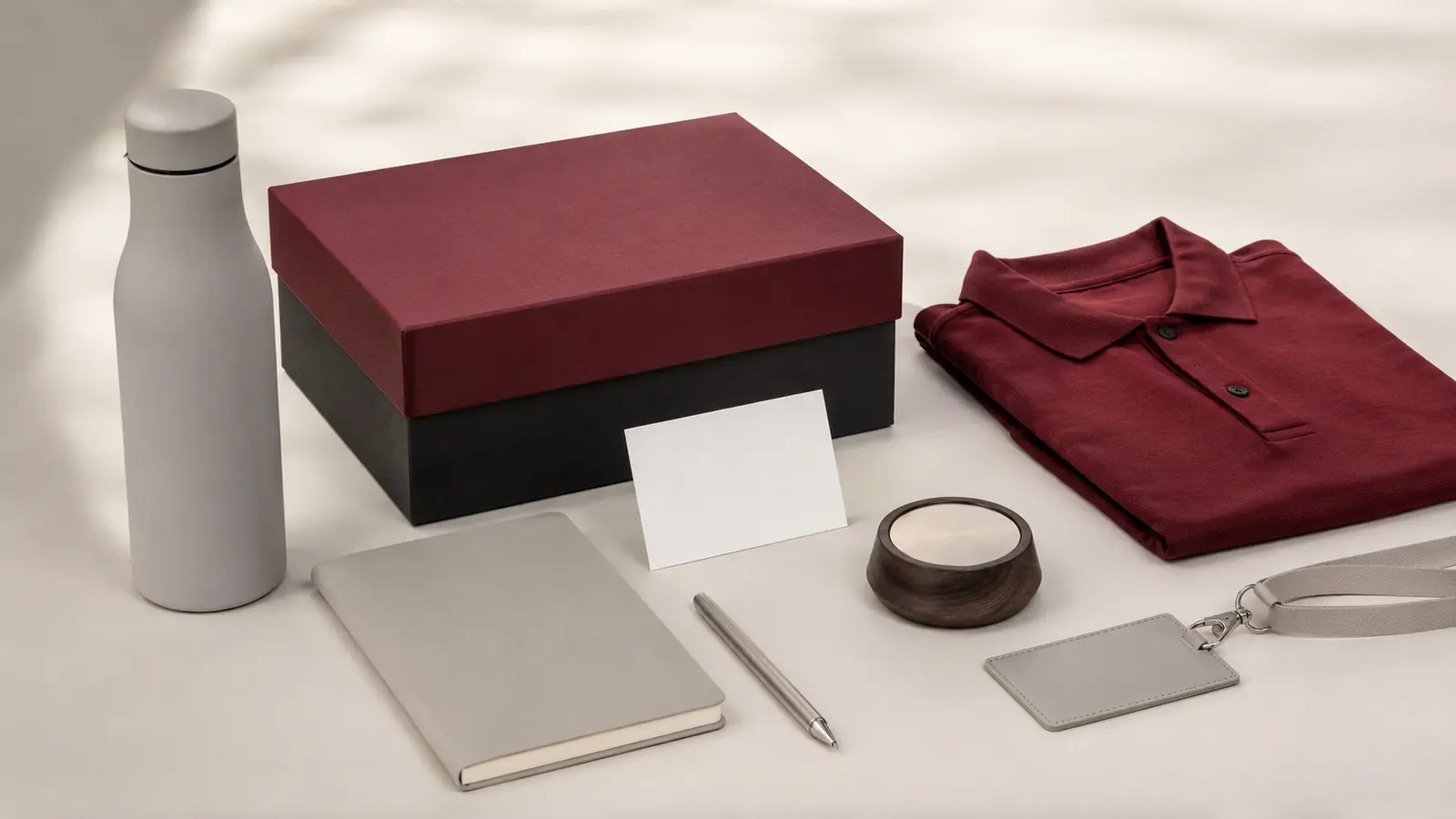 Curated corporate merchandise collection with presentation box, bottle, stationery, apparel and event item