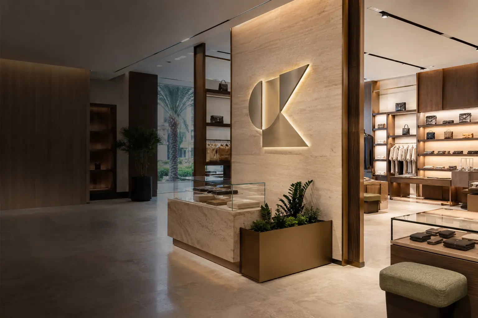 Illustrative premium retail environment with halo-lit dimensional branding and coordinated display fixtures