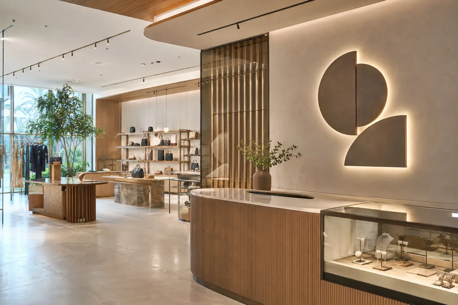 Illustrative premium retail interior with dimensional branding, display fixtures and integrated lighting