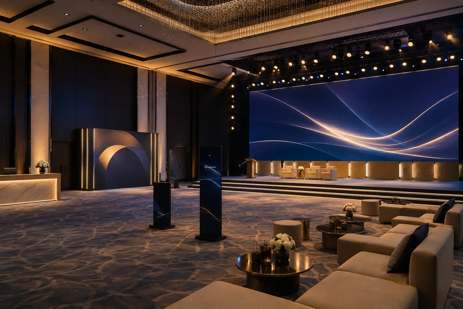 Illustrative premium corporate event environment with stage, registration and display elements