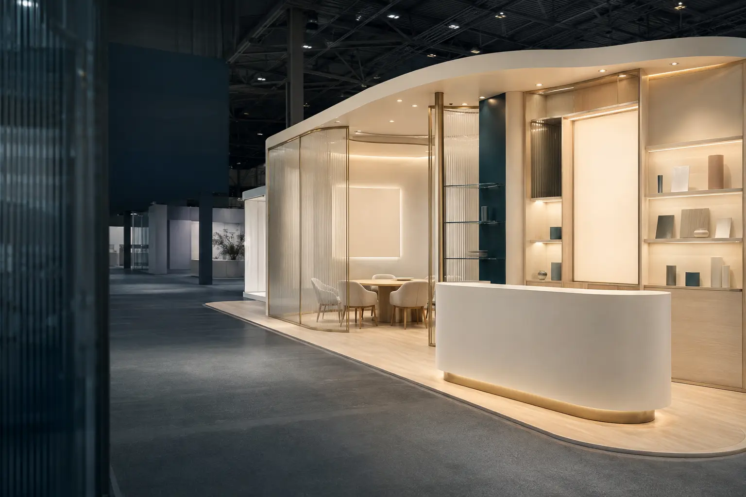 Illustrative sculptural exhibition stand with integrated lighting and display zones
