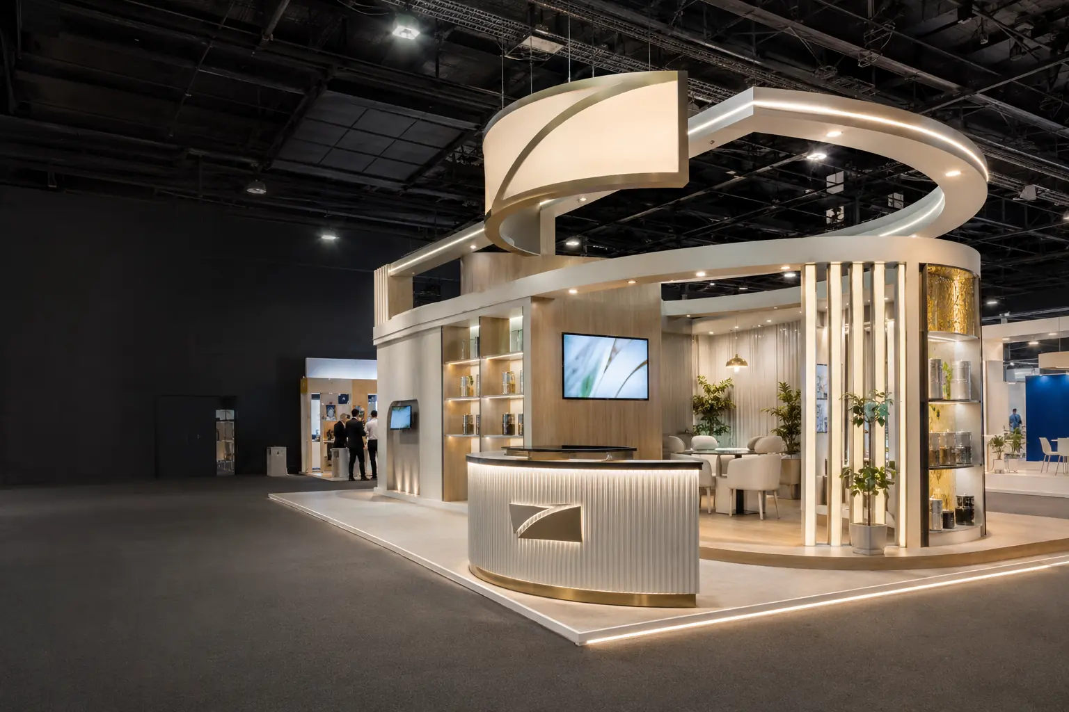 Illustrative contemporary exhibition stand with curved architecture, integrated lighting and meeting areas