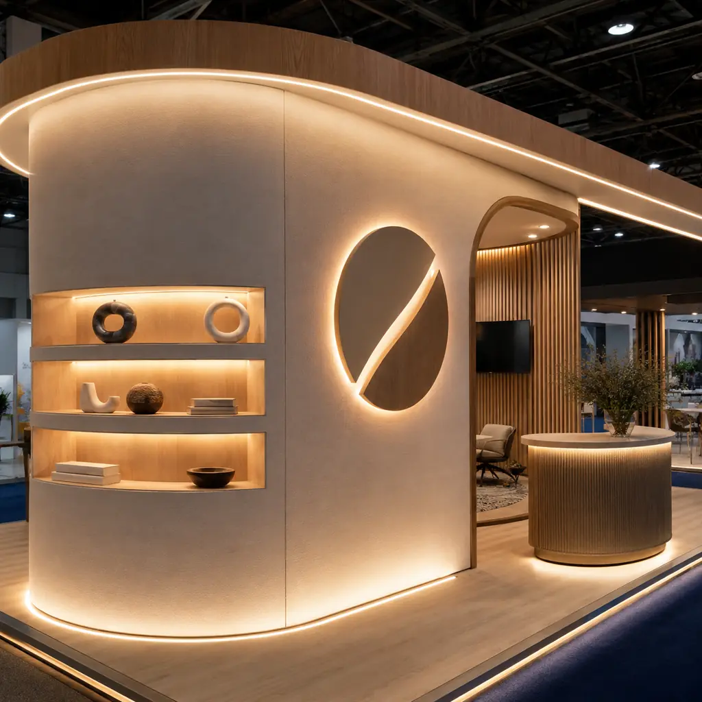 Illustrative exhibition stand with integrated architectural light lines and illuminated branding