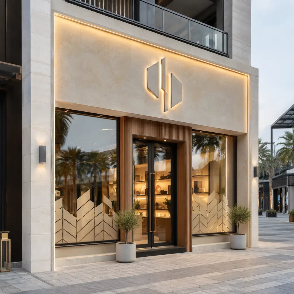 Illustrative premium storefront with dimensional fascia branding and coordinated window graphics