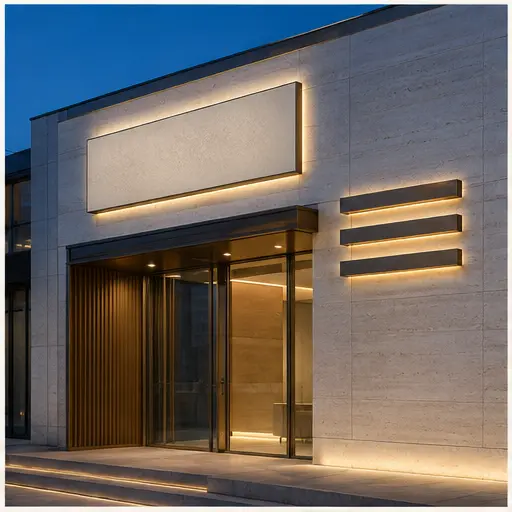 Illustrative illuminated facade signage