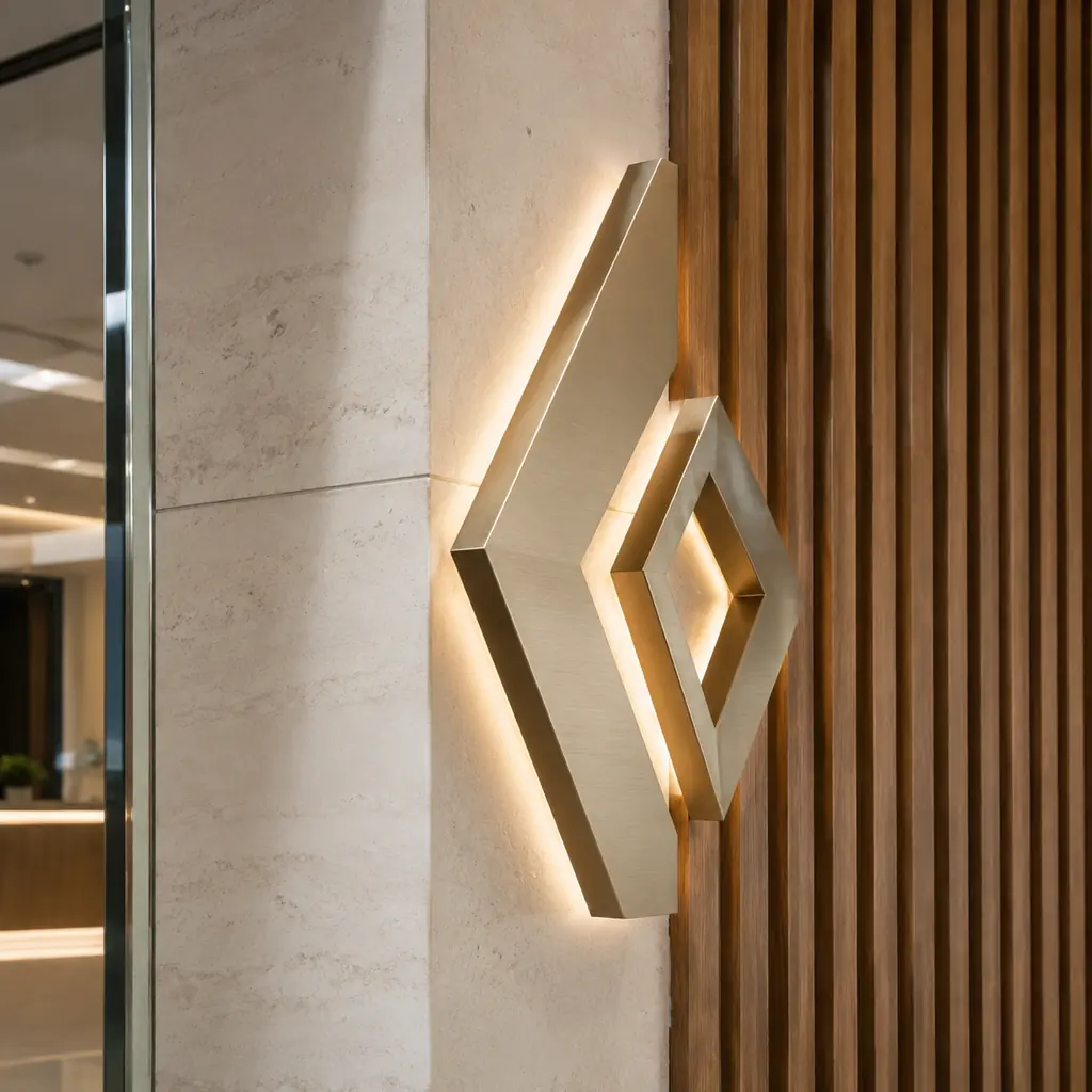 Illustrative brushed-metal dimensional signage with halo lighting across textured stone and timber