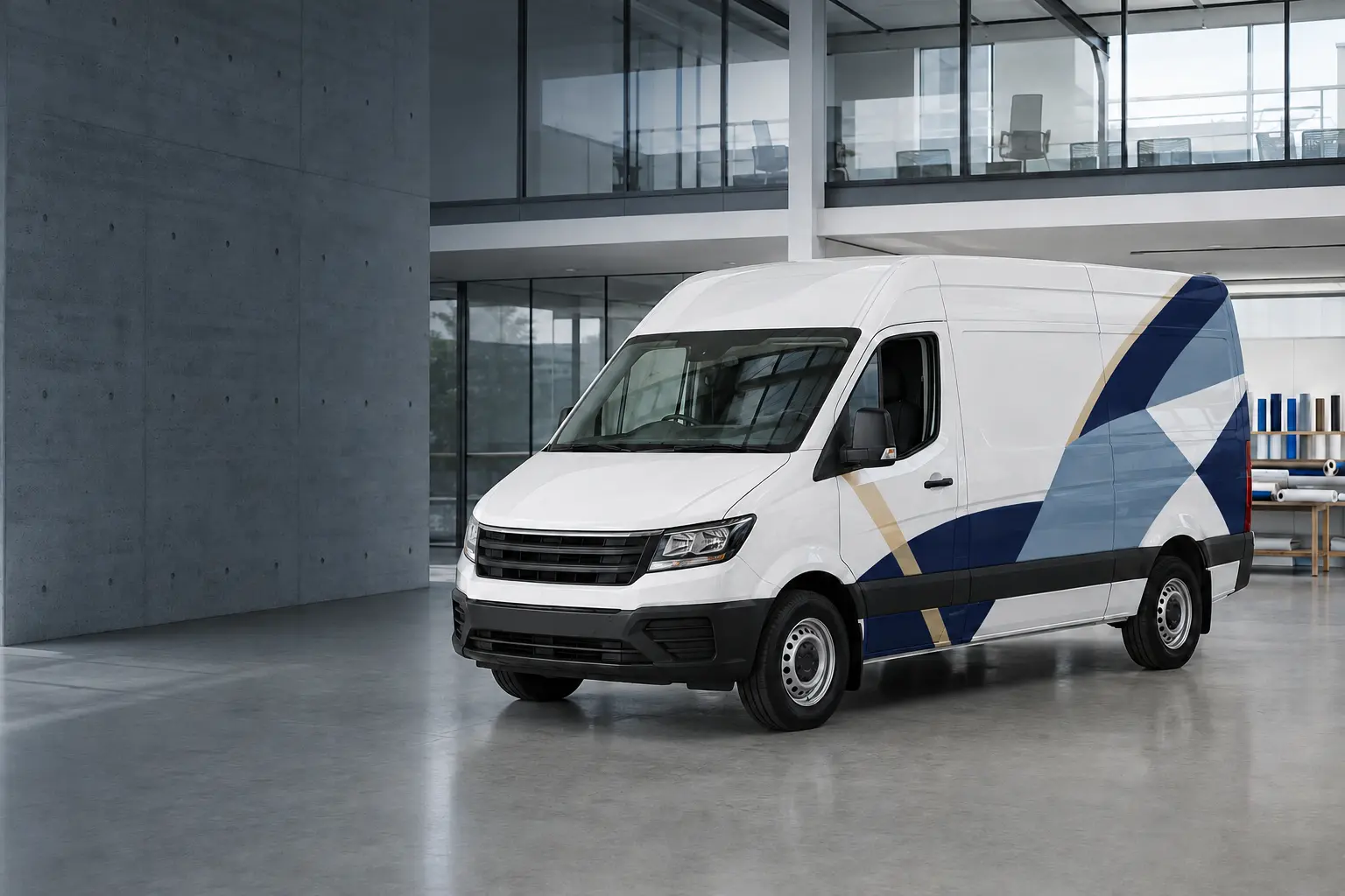 Illustrative branded commercial vehicle in a professional graphics studio