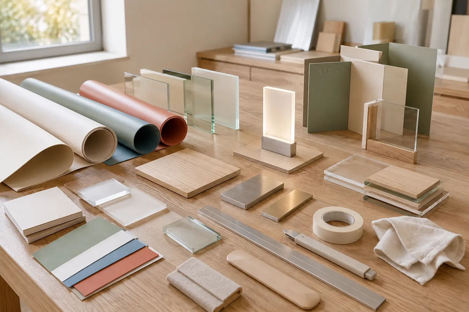 Illustrative visual branding production workbench with material, print and lighting samples