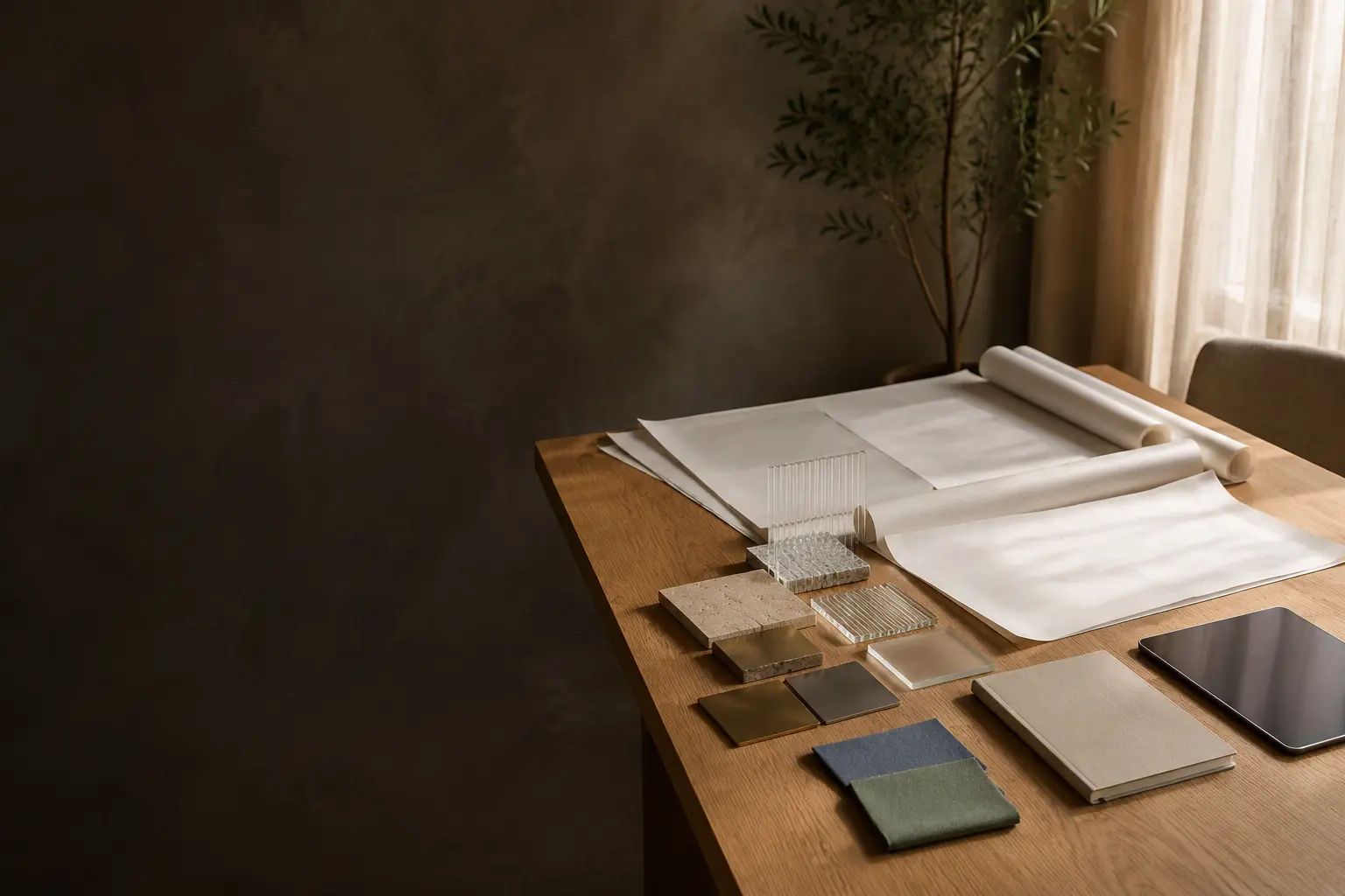 Illustrative project briefing table with blank plans, material samples and production details